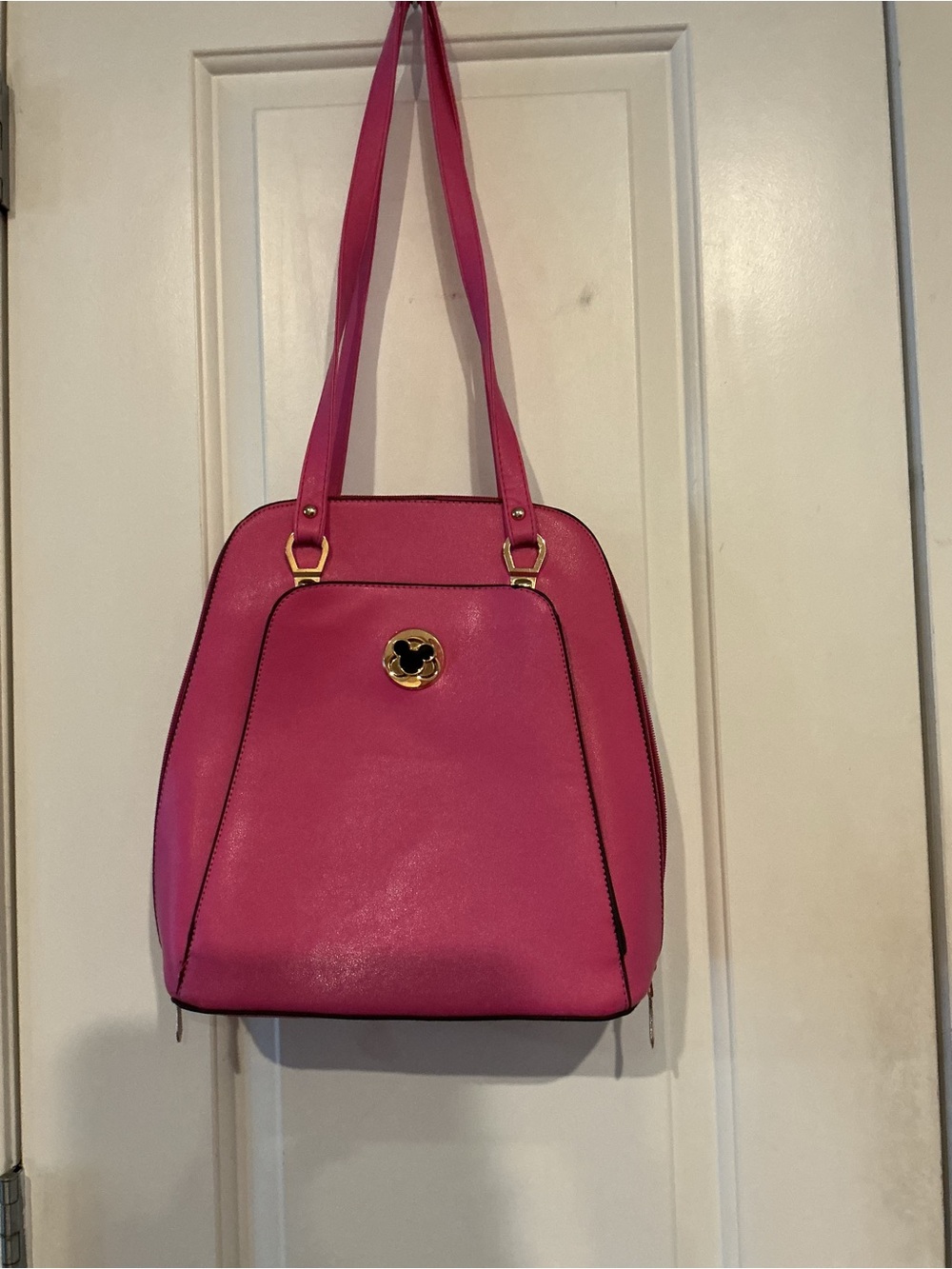 Hot Pink Convertible Shoulder Tote Backpack Bag with Gold Accent Faux Leather
